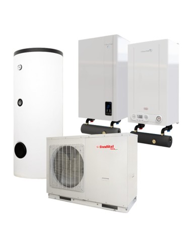 Three-phase compact hybrid system Procida AWM T12 12kW heat pump Formentera KRB 32 condensing boiler and 200 SS FONDITAL boiler